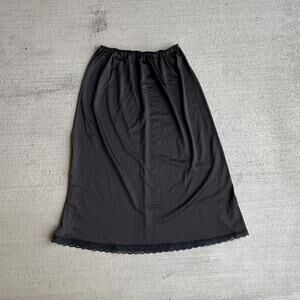 60s vintage black satin silky slip skirt with lace details